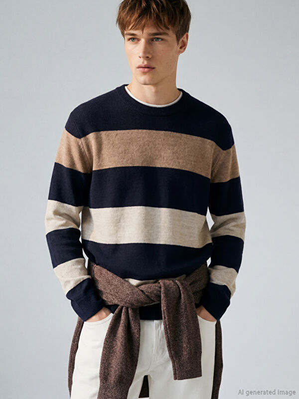 LCWAIKIKI Classic Crew Neck Long Sleeve Striped Men's Knitwear Sweater