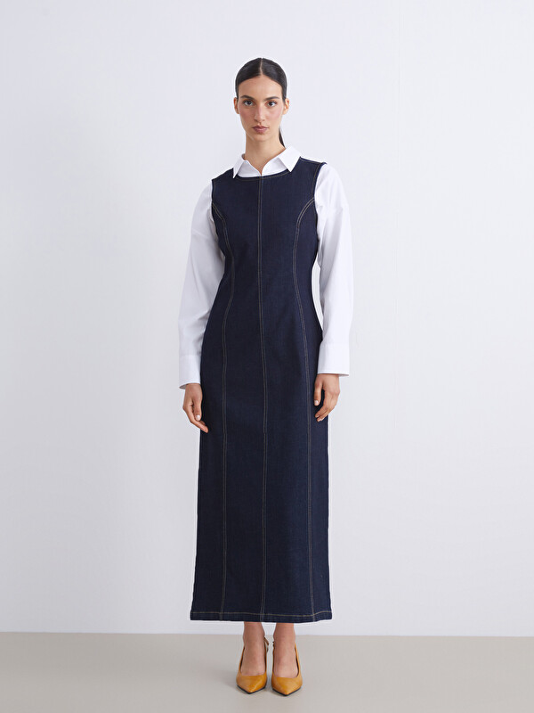 LCW Modest Джинсовое платье с круглым вырезом и приталенной талией