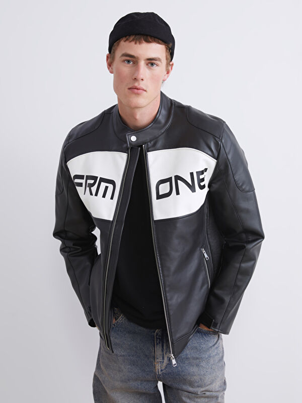 XSIDE Slim Fit Biker Yaka Erkek Deri Görünümlü Ceket