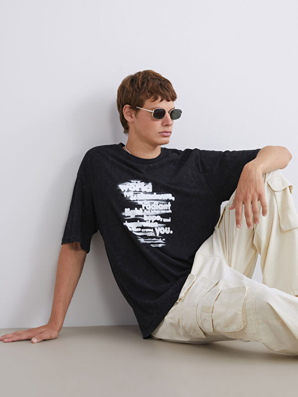 XSIDE Siyah Bisiklet Yaka Baskılı Penye Erkek Tişört - W52560Z8