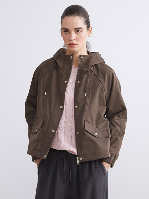 LCW Vision Kahverengi Kapüşonlu Oversize Kadın Yağmurluk