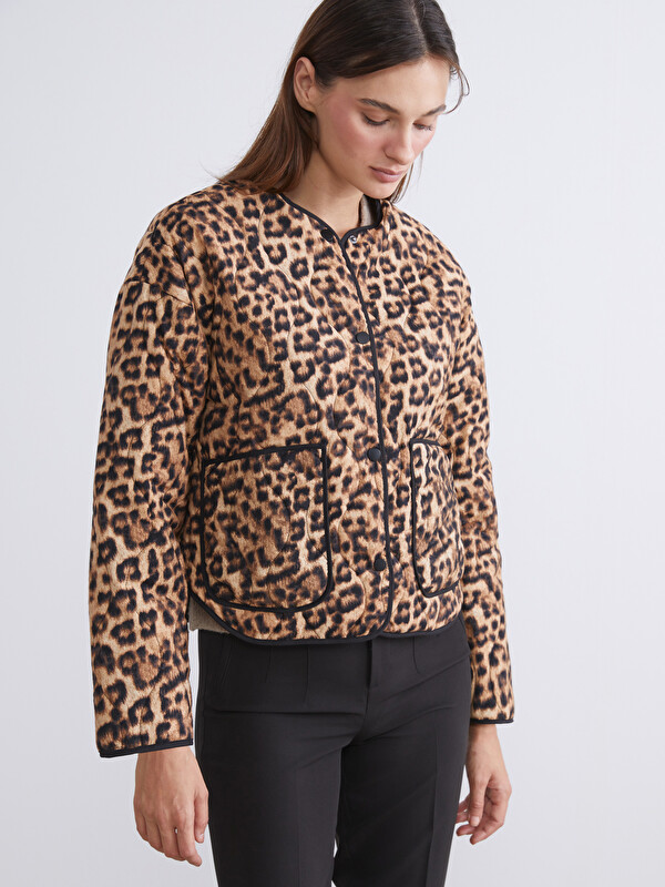 LCW Vision Bisiklet Yaka Leopar Desenli Kadın Mont