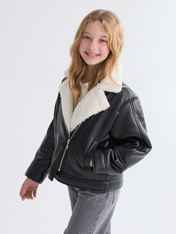 LCW Kids Plush Collar Faux Leather Girls' Coat