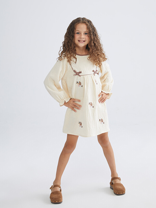 LCW Kids Bej Bisiklet Yaka Çiçekli Müslin Kız Çocuk Elbise