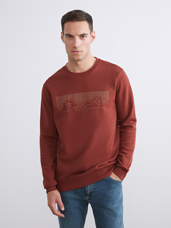 LCWAIKIKI Classic Bisiklet Yaka Baskılı Erkek Kalın Sweatshirt