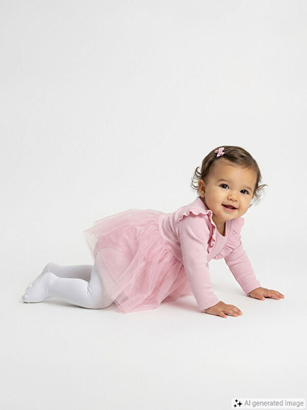 LCW baby Bisiklet Yaka Tütülü Kız Bebek Elbise
