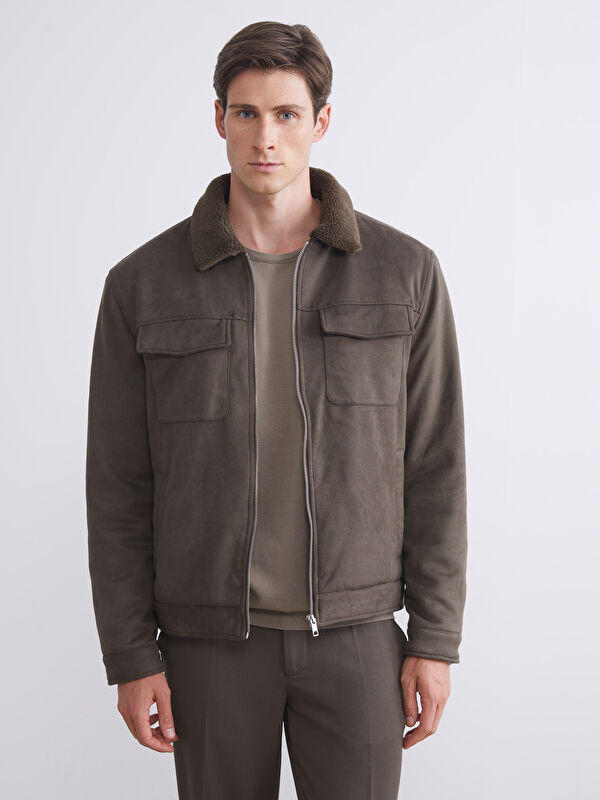 LCW Vision Haki Slim Fit Kürk Yaka Süet Erkek Mont - W54575Z8-ASD