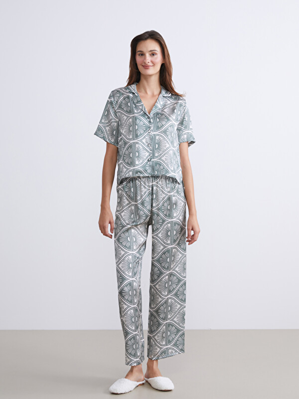 LCW DREAM Gömlek Yaka Desenli Saten Kadın Pijama Takımı