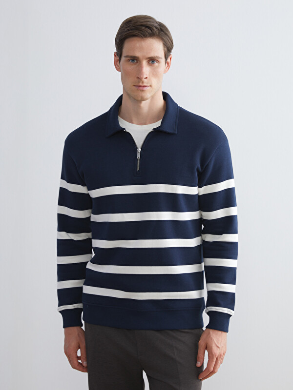 LCW Vision Polo Yaka Uzun Kollu Çizgili Erkek Sweatshirt