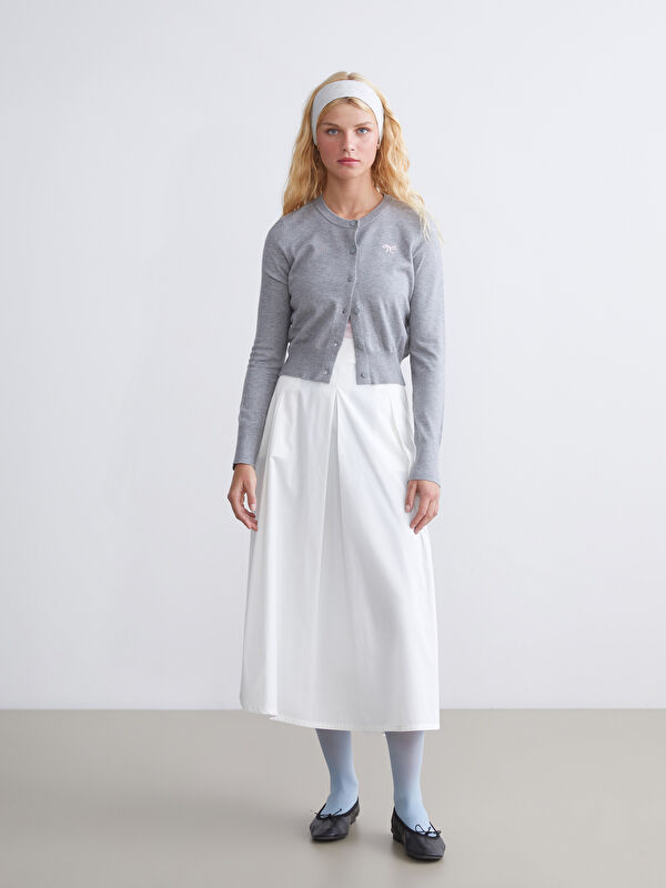 XSIDE Cardigan Tricotat Brodat cu Fundiță Guler Rotund pentru
