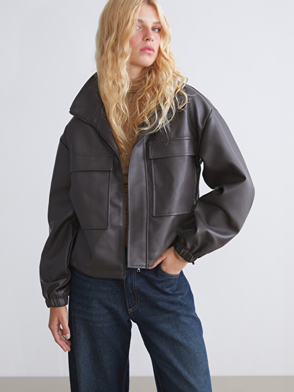 XSIDE Mock Neck Oversize Women's Faux Leather Jacket - W56115Z8