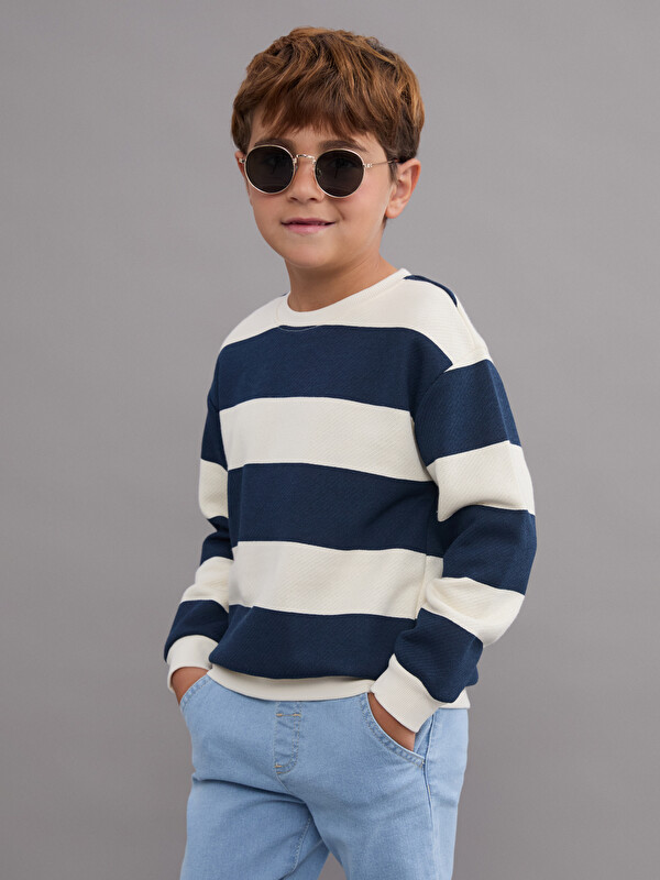 LCW Kids Bisiklet Yaka Çizgili Erkek Çocuk Sweatshirt