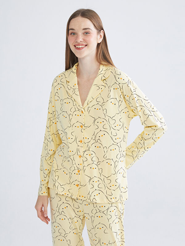 ☆yuuu★☆ LCW Young Sarı Gömlek Yaka Baskılı Kadın Pijama Üstü - W56352Z8