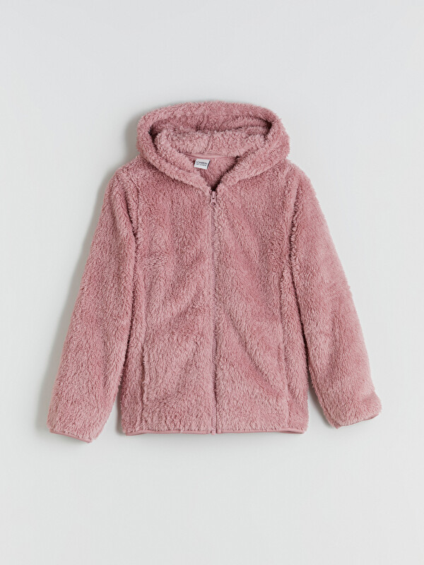 LCW Kids Kapüşonlu Pelüş Kız Çocuk Fermuarlı Sweatshirt