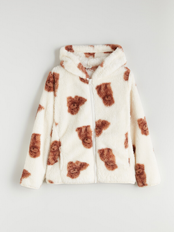 LCW Kids Kapüşonlu Pelüş Kız Çocuk Fermuarlı Sweatshirt