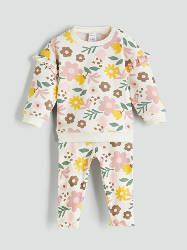 LCW baby Ensemble Sweat-Shirt et Pantalon de Survêtement Bébé Fille Floral Col Rond 2 Pièces