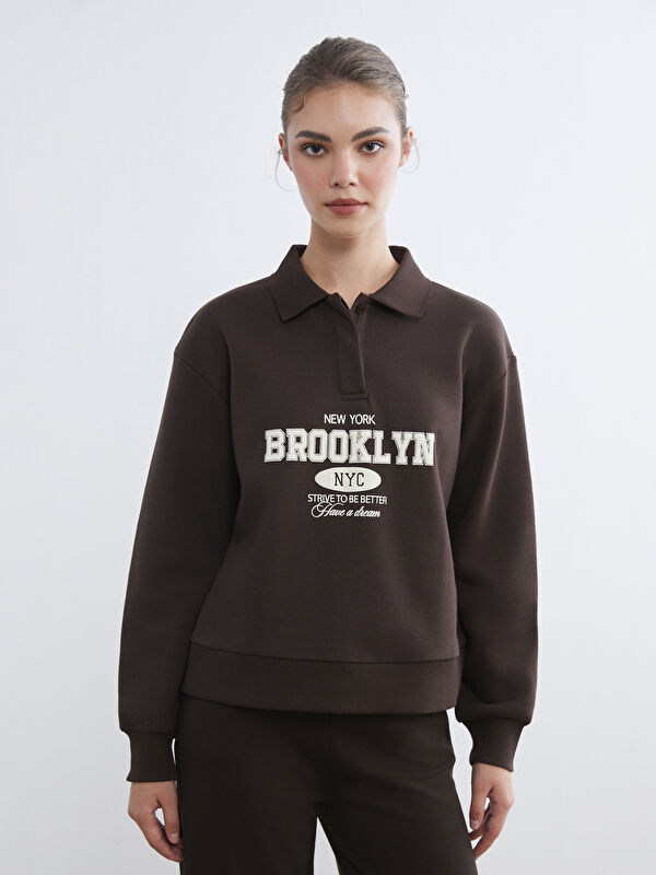 LCW Modest Polo Neck Brooklyn Printed Women's Thick Sweatshirt
