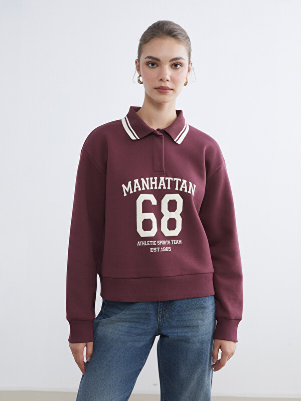 LCW Modest Polo Yaka Manhattan Baskılı Kadın Kalın Sweatshirt
