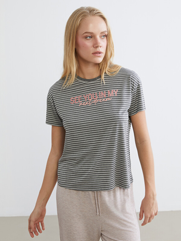 LCW DREAM Bisiklet Yaka Çizgili Kadın Pijama Üstü