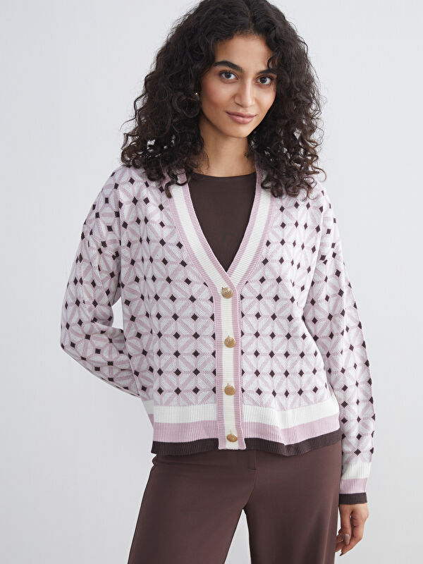 LCW Modest كارديغان تريكو نساء عنق V منقوش