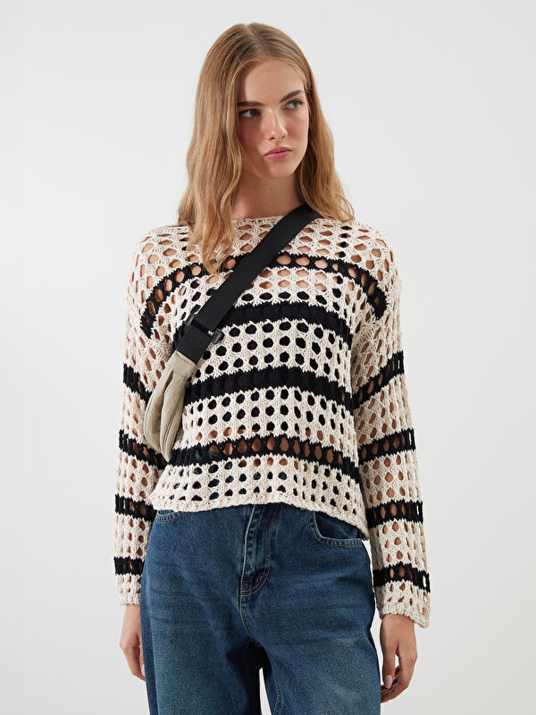 XSIDE Rundhalsausschnitt Gestreift Lochmuster Für Damen Strickpullover