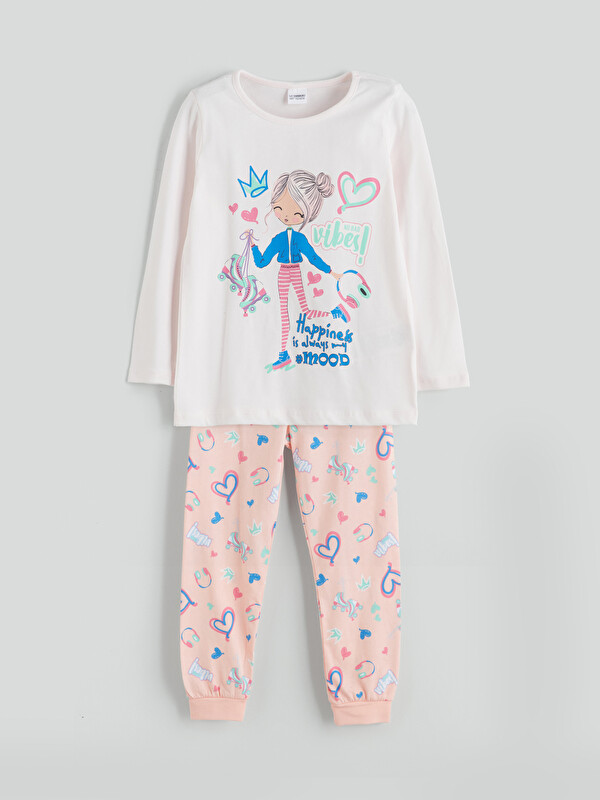 LCW Kids Пижамный комплект с круглым вырезом и принтом для девочек