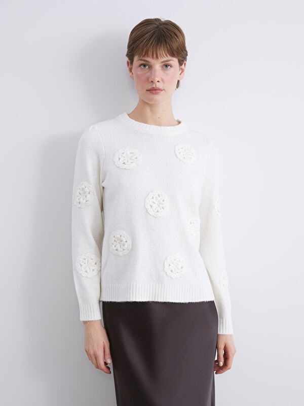 LCW Comfort Crew Neck Embroidered Women's Knitwear Sweater
