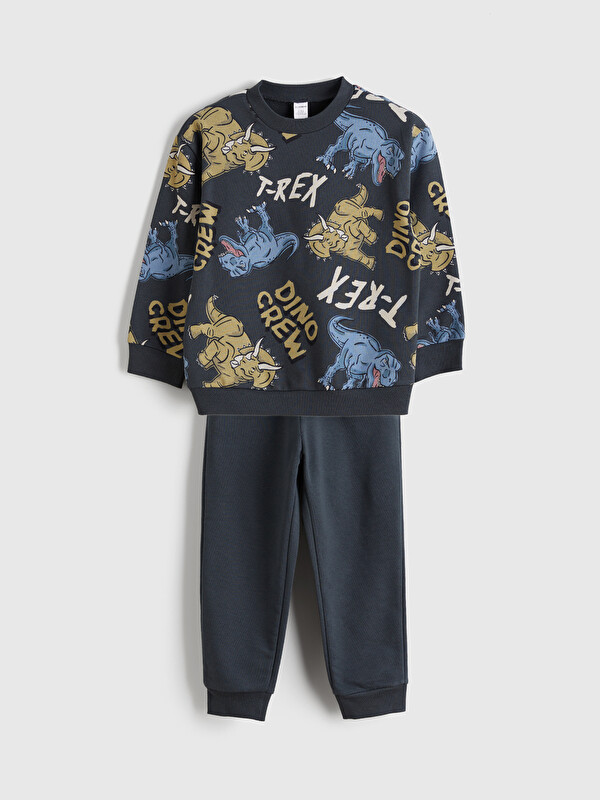 LCW Kids Bisiklet Yaka Baskılı Uzun Kollu Erkek Çocuk Sweatshirt ve Pantolon