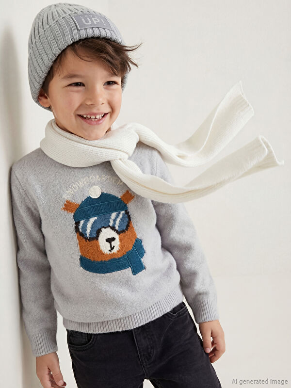 LCW Kids Bisiklet Yaka Baskılı Uzun Kollu Erkek Çocuk Triko Kazak