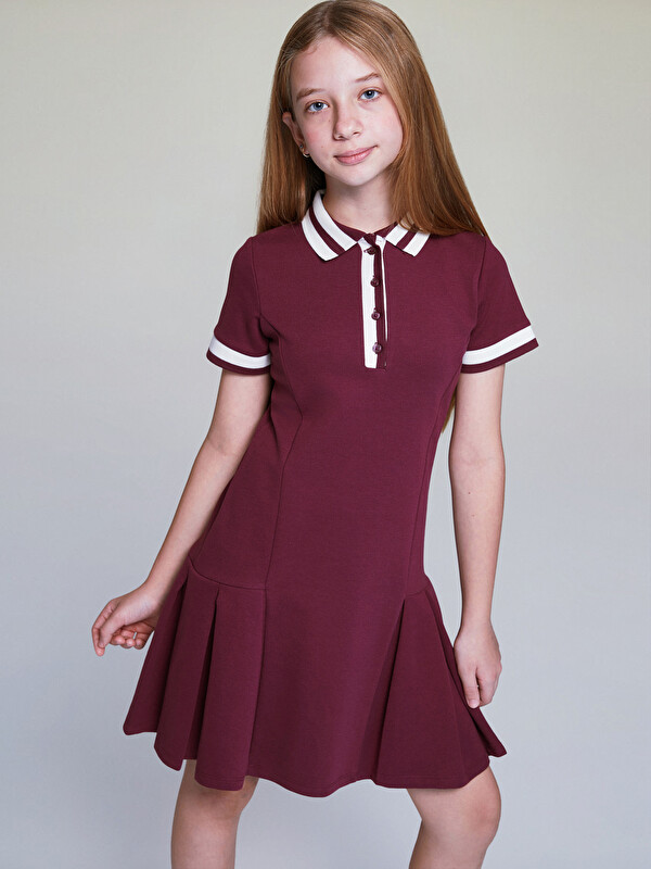 LCW Kids Polo Yaka Pileli Kız Çocuk Elbise