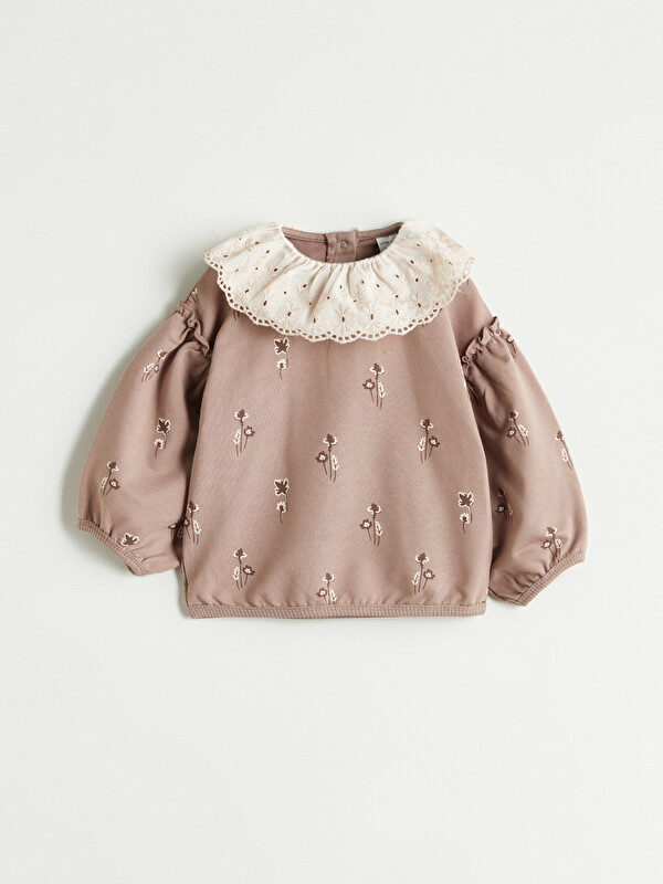LCW baby Bisiklet Yaka Çiçekli Kız Bebek Sweatshirt