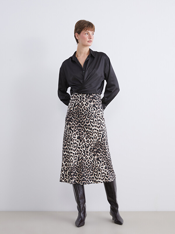 LCW Vision Elastic Waist Leopard Print A-Line Skirt