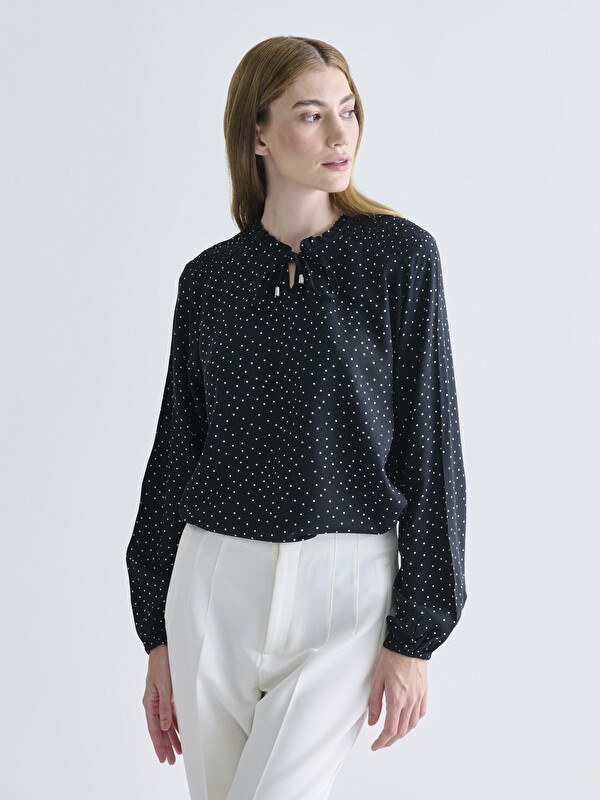 LCW Grace Tie Neck Polka Dot Blouse