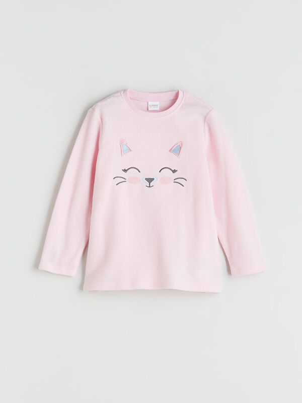 LCW Kids Kedi İşlemeli Kız Çocuk Pijama Üst