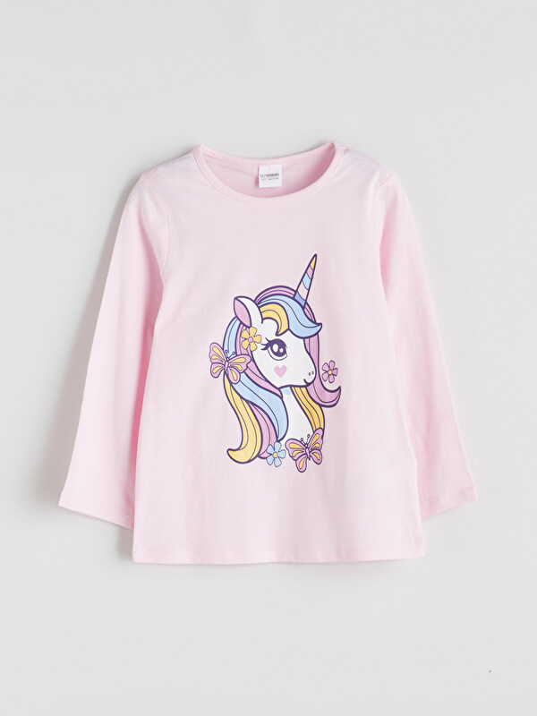 LCW Kids Bisiklet Yaka Baskılı Kız Çocuk Pijama Üstü