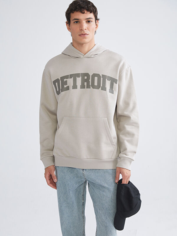 XSIDE Bej Uzun Kollu Baskılı Erkek Hoodie - W5AB81Z8-ZCU | LCW