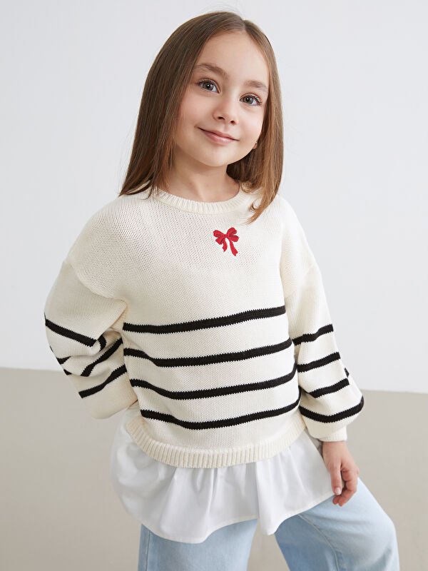LCW Kids بلوز تریکۆ خەتخەت یەخە خڕ بۆ کچان
