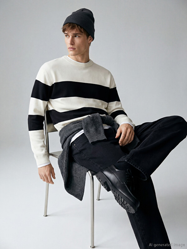 XSIDE Crew Neck Long Sleeve Striped Men's Knitwear Sweater