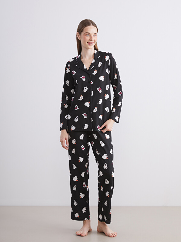 LCW Young Button-Down Collar Printed Women's Pyjama Set