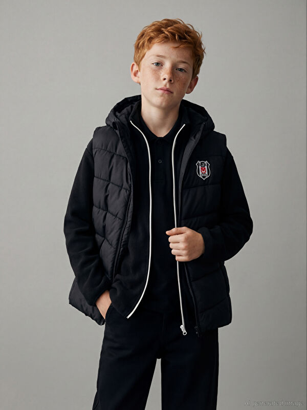 LCW Kids Kapüşonlu Beşiktaş Baskılı Erkek Çocuk Şişme Yelek