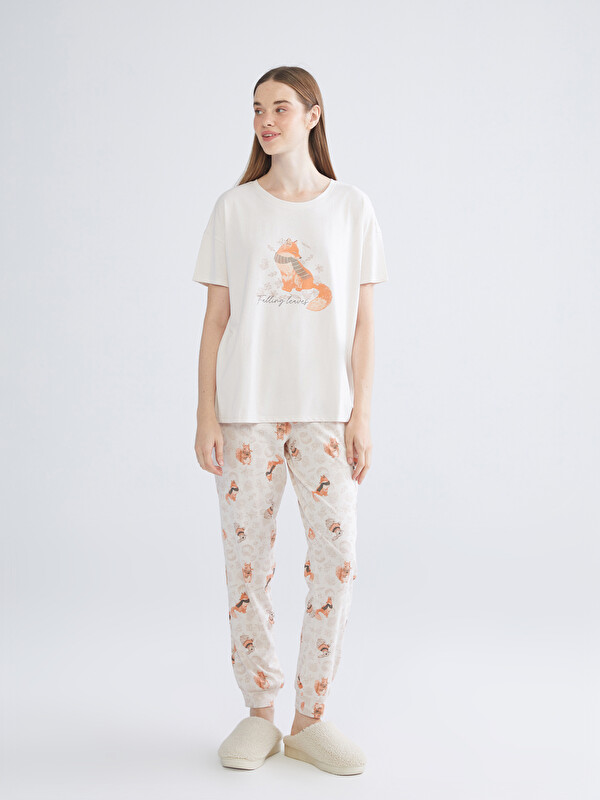 LCW DREAM Bisiklet Yaka Baskılı Kadın Pijama Takımı