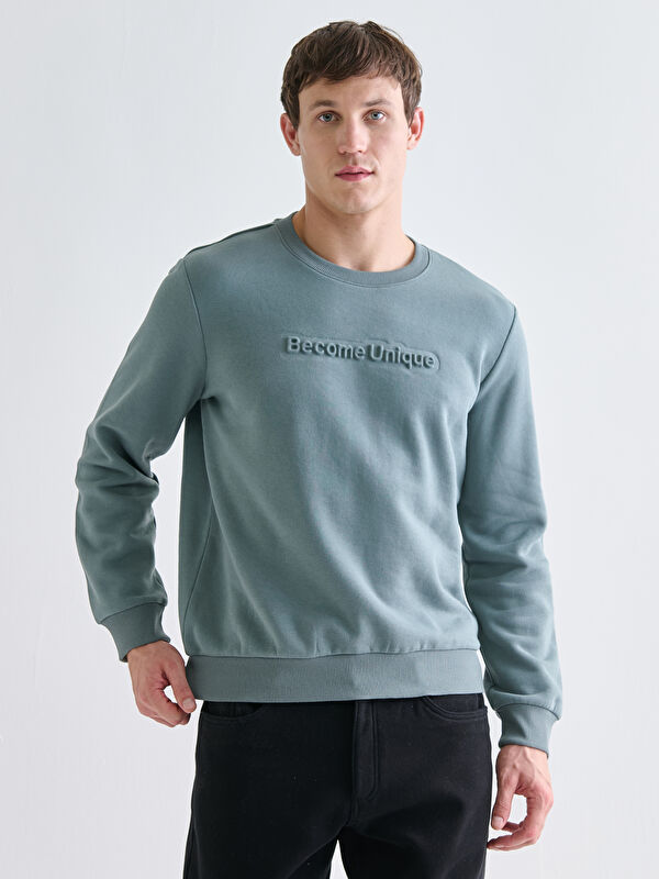 LCWAIKIKI Classic Bisiklet Yaka Baskılı Erkek Sweatshirt