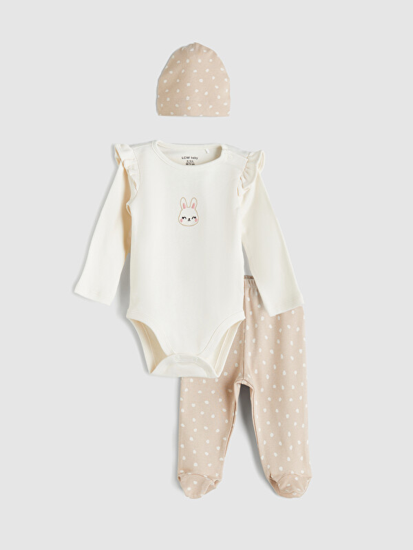 LCW baby Bisiklet Yaka Uzun Kollu Baskılı Kız Bebek Takım 3'lü