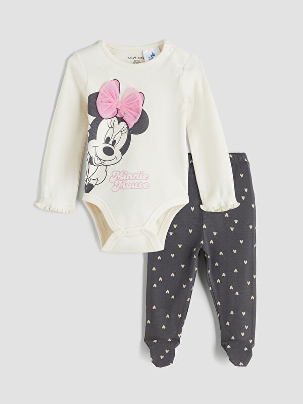 LCW baby Minnie Mouse Baskılı Kız Bebek Çıtçıtlı Body ve Pantolon