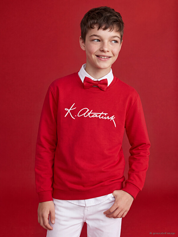 LCW Kids Bisiklet Yaka Atatürk İmza Baskılı Erkek Çocuk Sweatshirt