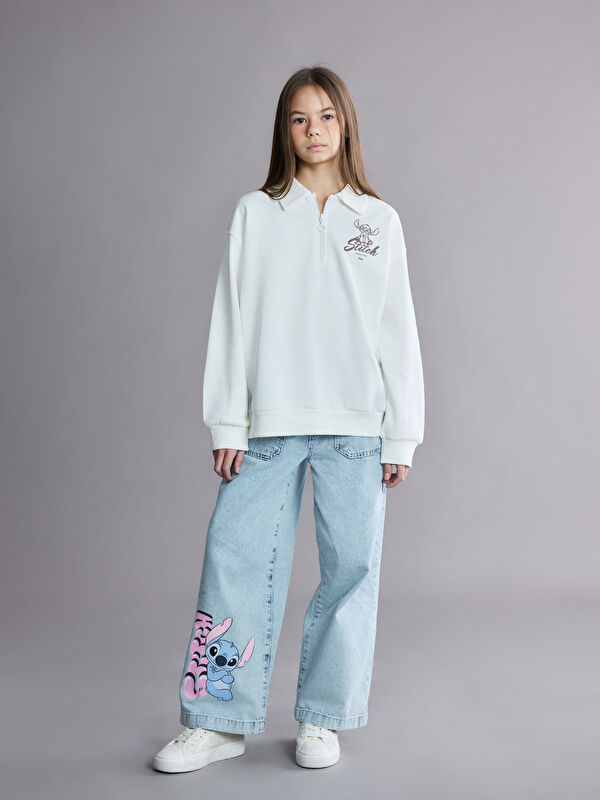 LCW Kids Wideleg Stitch Baskılı Kız Çocuk Jean Pantolon