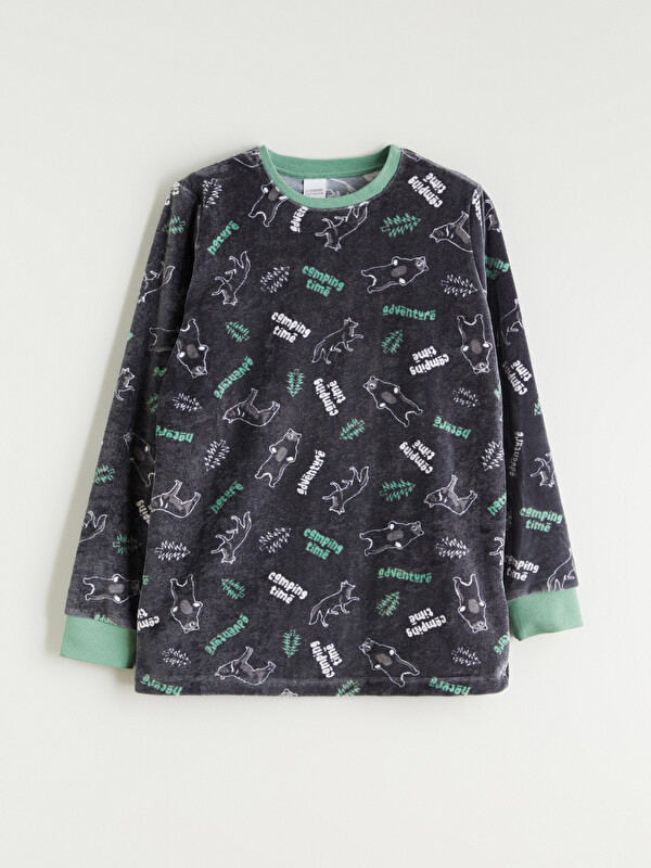 LCW Kids Desenli Erkek Çocuk Kadife Pijama Üst