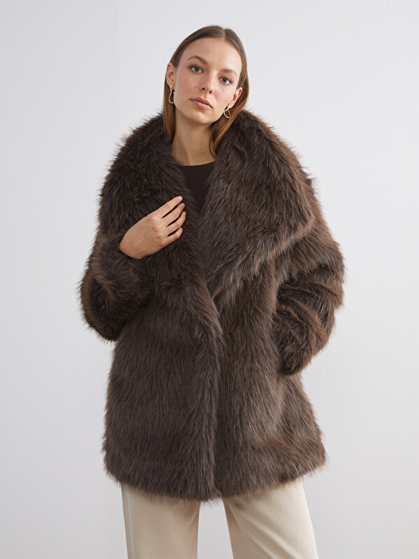 LCW Modest Ceket Yaka Oversize Kadın Kürk Mont