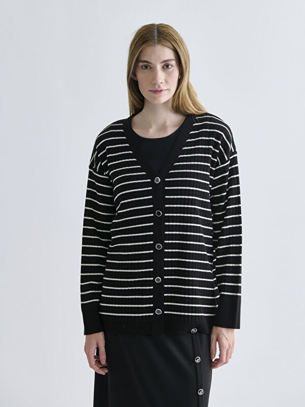 LCW Grace V-Ausschnitt Gestreifte Damen Strickjacke