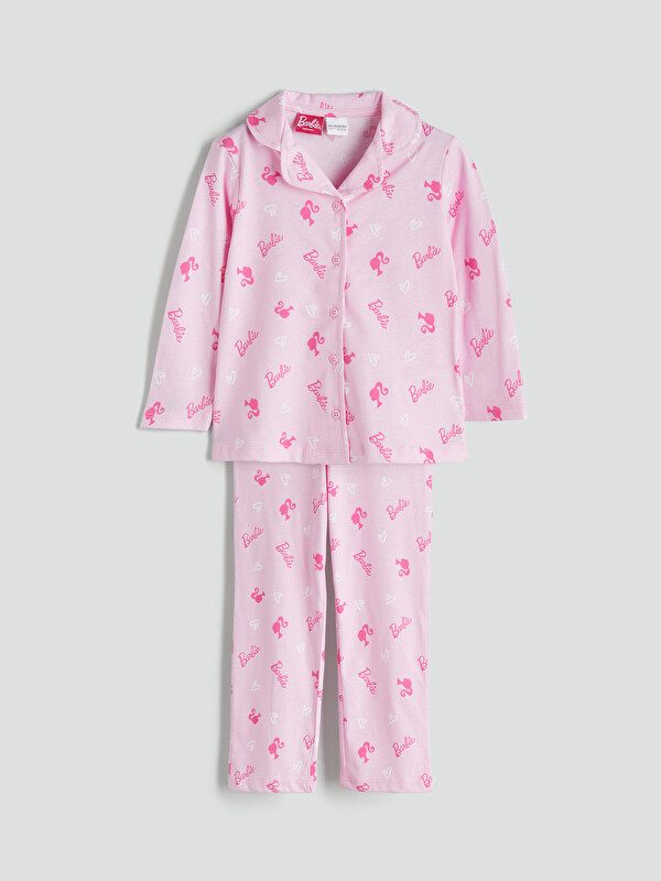 LCW Kids Barbie Baskılı Gömlek Yaka Kız Çocuk Pijama Takımı
